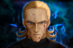 Rule 34 | 1boy, aura, black shirt, blonde hair, blood, blood on face, blue eyes, expressionless, eyebrows, hair slicked back, highres, king (one-punch man), long hair, looking at viewer, male focus, one-punch man, scar, scar across eye, scar on face, shirt, solo, thick eyebrows, upper body, yngh2445, zoom layer