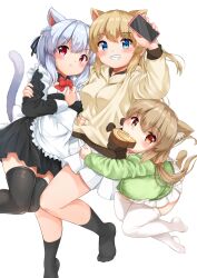 Rule 34 | 3girls, animal ear fluff, animal ears, apron, blue eyes, blush, breasts, brown eyes, cat girl, cellphone, closed mouth, dot nose, food in mouth, foot out of frame, grey hair, hair between eyes, hair ornament, hair scrunchie, highres, hiyori-chan, holding, koruri-chan (sora), light brown hair, long hair, long sleeves, looking at viewer, low twintails, medium breasts, mouth hold, multiple girls, open mouth, original, phone, pink eyes, pleated skirt, scrunchie, simple background, skirt, small breasts, smartphone, sora (silent square), tail, thick thighs, thighhighs, thighs, tsugumi-chan (sora), twintails, waist apron, white background, white thighhighs, zettai ryouiki