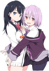 Rule 34 | 2girls, :/, :d, black hair, black pantyhose, black skirt, blue eyes, bow, bowtie, bright pupils, cardigan, closed mouth, collared shirt, cowboy shot, cropped legs, dot nose, expressionless, eyelashes, eyes visible through hair, fingernails, from side, gridman universe, hair between eyes, hands up, hood, hood down, hooded jacket, hug, ixy, jacket, light purple hair, long hair, long sleeves, looking at viewer, miniskirt, multicolored eyes, multiple girls, off shoulder, open clothes, open jacket, open mouth, outstretched arms, pantyhose, pink eyes, pleated skirt, purple bow, purple jacket, red bow, school uniform, scrunchie, shinjou akane, shirt, short hair, simple background, skirt, smile, ssss.gridman, swept bangs, takarada rikka, tareme, thick thighs, thighs, tsurime, white background, white cardigan, white pupils, white shirt, wing collar, wrist scrunchie
