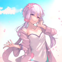 Rule 34 | 1girl, :&gt;, absurdres, at2., bare shoulders, blue sky, blurry, bracelet, breasts, closed mouth, cloud, collarbone, commentary request, day, depth of field, dress, flower, hair flower, hair ornament, hand on own cheek, hand on own face, head tilt, highres, jacket, jewelry, light purple hair, long sleeves, looking at viewer, low twintails, nail polish, off shoulder, petals, purple eyes, short hair with long locks, sky, small breasts, smile, solo, strapless, strapless dress, twintails, upper body, vocaloid, voiceroid, white dress, yuzuki yukari, yuzuki yukari (onn), yuzuki yukari (vocaloid4)