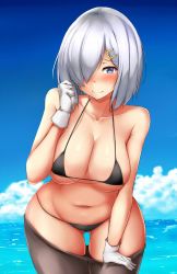 Rule 34 | 1girl, ass, bad id, bad twitter id, beach, bikini, black bikini, blue eyes, blush, breasts, cleavage, closed mouth, clothes pull, collarbone, day, gloves, gluteal fold, hair ornament, hair over one eye, hairclip, hamakaze (kancolle), highres, kantai collection, large breasts, leaning forward, looking at viewer, micro bikini, navel, ocean, outdoors, pantyhose, short hair, silver hair, smile, solo, swimsuit, terakoya, white gloves