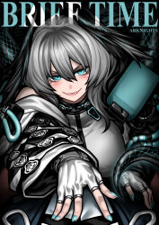 Rule 34 | 1girl, 1other, absurdres, arknights, blue eyes, blue nails, blush, breasts, commentary, copyright name, doctor (arknights), english commentary, english text, fangs, feathered wings, fingerless gloves, gloves, grey hair, hair between eyes, head wings, highres, ho&#039;olheyak (arknights), large breasts, long hair, long sleeves, looking at viewer, open mouth, pov, scales, slit pupils, smile, snake tail, tail, wavy hair, white gloves, wide sleeves, wings, yotaro