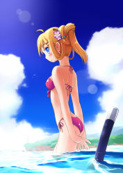 Rule 34 | 1girl, ahoge, arms behind back, ass, bad id, bad pixiv id, bikini, blonde hair, blue eyes, blush, cloud, day, flower, from side, front-tie top, hair flower, hair ornament, lens flare, mochizuki saku, original, partially submerged, shiny skin, side-tie bikini bottom, side ponytail, sky, snorkel, solo, sunlight, swimsuit, wading, water