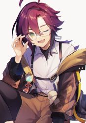 1boy adjusting_eyewear ahoge alternate_costume bespectacled black_hair brown_jacket genshin_impact glasses green_eyes hair_between_eyes hand_on_eyewear highres jacket long_sleeves looking_at_viewer male_focus mole mole_under_eye multicolored_hair off_shoulder one_eye_closed open_mouth red_hair shikanoin_heizou shirase_(shirose) shirt simple_background solo streaked_hair vision_(genshin_impact) white_background white_shirt