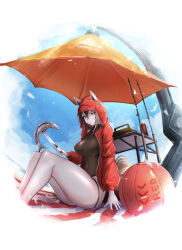 Rule 34 | 1girl, absurdres, arknights, ball, basket, beachball, black one-piece swimsuit, breasts, can, covered navel, ears through hood, fishing rod, highres, holding, holding knife, hood, hood up, hooded jacket, jacket, knife, large breasts, long sleeves, official alternate costume, one-piece swimsuit, open clothes, open jacket, outdoors, poni (poni arknights), projekt red (arknights), projekt red (light breeze) (arknights), red jacket, sitting, solo, swimsuit, table, thighs, umbrella