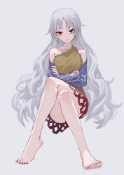 Rule 34 | 1girl, bare arms, bare legs, bare shoulders, barefoot, crossed arms, detached sleeves, dress, earrings, feet, fkey, full body, grey background, highres, jewelry, crossed legs, long hair, looking at viewer, multicolored clothes, multicolored dress, nail polish, red eyes, red nails, sakata nemuno, silver hair, simple background, single strap, sitting, solo, toenail polish, toenails, toes, touhou, very long hair, wavy hair