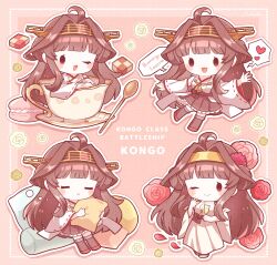Rule 34 | 1girl, blush, brown hair, character name, chibi, closed eyes, closed mouth, cookie, detached sleeves, double bun, dress, english text, flower, food, hair bun, hair flower, hair ornament, hairband, headgear, heart, highres, holding, japanese clothes, kantai collection, kongou (kancolle), long hair, macaron, multiple views, nada namie, nontraditional miko, one eye closed, open mouth, petals, red flower, ribbon-trimmed sleeves, ribbon trim, simple background, skirt, spoon, wide sleeves