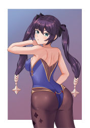 Rule 34 | 1girl, absurdres, arm up, ass, azurecruiser, back, bare arms, bare shoulders, black pantyhose, blush, border, breasts, cowboy shot, genshin impact, gold trim, gradient background, green eyes, highres, leotard, long hair, looking at viewer, looking back, medium breasts, mona (genshin impact), no cape, no detached sleeves, no gloves, pantyhose, parted lips, ponytail holder, shoulder blades, sidelocks, solo, sparkle print, strapless, strapless leotard, swept bangs, twintails, white border