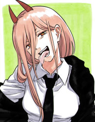 Rule 34 | 1girl, black jacket, black necktie, breasts, business suit, chainsaw man, collared shirt, commentary, cross-shaped pupils, crosshair pupils, demon girl, demon horns, formal, green background, hair between eyes, horns, jacket, long hair, looking at viewer, medium breasts, meis (terameisu), necktie, off shoulder, open mouth, orange eyes, pink hair, power (chainsaw man), red horns, sharp teeth, shirt, smile, solo, suit, symbol-shaped pupils, teeth, tongue, tongue out, upper body, white shirt