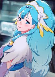 Rule 34 | 1girl, blue hair, blurry, blurry background, closed mouth, cure ange, earrings, heart, hugtto! precure, jewelry, long hair, looking at viewer, magical girl, negom, ponytail, precure, smile, solo, tiara, upper body, yakushiji saaya