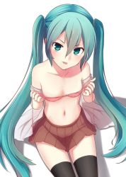 Rule 34 | 1girl, black thighhighs, blue eyes, blue hair, breasts, hatsune miku, hosoi sen, hosoisen614, miniskirt, navel, removing bra, revision, skirt, small breasts, solo, thighhighs, twintails, undressing, vocaloid, zettai ryouiki