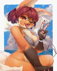 Rule 34 | 1girl, absurdres, animal ears, animal hands, animal nose, bare shoulders, bikini, bikini bottom only, bikini top only, blue sky, blurry, bob cut, body fur, bokeh, border, bottomless, breasts, breath, bright pupils, brown fur, brown hair, chromatic aberration, claws, cleavage, cloud, day, depth of field, drooling, fangs, female focus, furry, furry female, grey bikini, hand up, happy, highres, holding, holding bikini, holding bikini bottom, holding clothes, horizon, looking at viewer, medium breasts, multicolored fur, ocean, open mouth, orange fur, original, outdoors, outside border, pawpads, red eyes, saliva, sharp teeth, short hair, sidelocks, sitting, sky, smile, snout, solo, swimsuit, tail, teeth, tongue, tongue out, unworn bikini bottom, v, water, white border, white fur, white pupils, wolf ears, wolf girl, wolf girl (yellowparrot), wolf tail, yellowparrot
