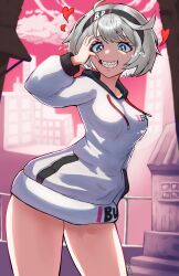 Rule 34 | 1girl, absurdres, black hairband, breasts, building, cloud, commentary, elphelt valentine, english commentary, eyelashes, green eyes, grey hair, guilty gear, guilty gear strive, hairband, heart, highres, large breasts, poopman, print sweater, red sky, sharp teeth, short hair, sky, smile, solo, standing, sweater, teeth, white sweater