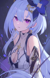 Rule 34 | 1girl, absurdres, aged up, ai dongdong, bare shoulders, blue hair, breasts, cleavage, cleavage cutout, clothing cutout, commentary request, crescent, crescent earrings, detached sleeves, dress, earrings, flower, griseo, griseo (cosmic expression), hair between eyes, hair flower, hair ornament, highres, honkai (series), honkai impact 3rd, jewelry, large breasts, light blue hair, long hair, looking at viewer, mismatched earrings, parted lips, purple eyes, sleeveless, sleeveless dress, solo, star (symbol), star earrings, upper body, very long hair, white dress, white sleeves