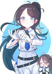 Rule 34 | 1girl, :&lt;, ahoge, aoi (blue archive), aoi (blue archive) (cosplay), aqua halo, aris (blue archive), belt, black belt, black hair, black hairband, blue archive, blue background, blue eyes, blue hair, blue halo, blue necktie, blush, blush stickers, buttons, chibi, chibi inset, closed eyes, collared shirt, commentary, cosplay, dot nose, double-breasted, dual persona, epaulettes, giorgio (yo sumire sola1), glove pull, gloves, gradient hair, hairband, halo, hands on own cheeks, hands on own face, highres, holster, imagining, jacket, layered clothes, long hair, long sleeves, looking at viewer, multicolored hair, necktie, pants, parted bangs, ponytail, raised eyebrows, rectangular halo, shirt, side ponytail, sidelocks, simple background, solo focus, sparkle, straight-on, two-tone background, very long hair, white background, white gloves, white jacket, white pants, white shirt