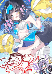 Rule 34 | 1boy, 2girls, animal ears, doodle sensei (blue archive), ass, balloon, black gloves, black hair, blue archive, blue eyes, blush, breasts, cheerleader, clothes writing, cloud, commentary request, crop top, dog ears, dog girl, dog tail, gloves, goggles, goggles on head, halo, hibiki (blue archive), hibiki (cheer squad) (blue archive), highres, holding, holding pom poms, long hair, medium breasts, millennium cheerleader outfit (blue archive), miniskirt, multiple girls, open mouth, panties, pom pom (cheerleading), pom poms, ponytail, purple hair, saliva, sensei (blue archive), skirt, sky, star (symbol), sticker, sticker on face, super zombie, tail, tail wagging, tears, translation request, twitter username, two side up, underwear, white panties, yuuka (blue archive)