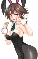 Rule 34 | 1girl, absurdres, animal ears, ascot, black leotard, black pantyhose, breasts, brown hair, cleavage, commentary request, cowboy shot, detached collar, fake animal ears, flipped hair, green neckerchief, hiei (kancolle), highres, index finger raised, kantai collection, leotard, looking at viewer, medium breasts, neckerchief, nitamako (sakamalh), pantyhose, plaid neckerchief, plaid neckwear, playboy bunny, purple eyes, rabbit ears, short hair, simple background, solo, strapless, strapless leotard, white background, wrist cuffs