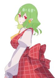 Rule 34 | 1girl, ascot, breasts, commentary request, earrings, flower earrings, from side, green hair, highres, jewelry, juliet sleeves, kazami yuuka, large breasts, long sleeves, looking at viewer, medium hair, open mouth, plaid, pointy ears, puffy sleeves, red eyes, simple background, solo, tohoyuukarin, touhou, white background, yellow ascot