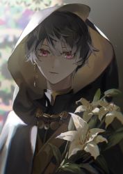 Rule 34 | absurdres, black hair, blurry, blurry background, cape, day, earrings, flower, highres, idolish7, indoors, jewelry, light rays, lily (flower), looking at viewer, male focus, momo (idolish7), multicolored hair, re:vale, red eyes, short hair, solo, two-tone hair, upper body, yhsg666