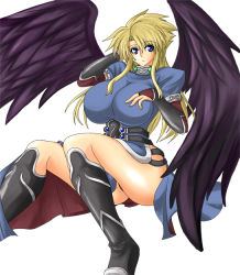 Rule 34 | angel wings, armor, blue eyes, boots, breasts, breath of fire, breath of fire ii, bridal gauntlets, dress, gauntlets, huge breasts, knee boots, legs, long hair, long legs, nina (breath of fire ii), side slit, thick thighs, thighs, umino mokuzu (a4 size), wings