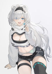 Rule 34 | 1girl, :d, animal ears, arknights, aurora (arknights), bear ears, belt, black belt, black hairband, black nails, black shirt, black thighhighs, blue eyes, breasts, candy, cleavage, cleavage cutout, clothing cutout, commentary, cowboy shot, crop top, cropped jacket, food, grey background, grey shorts, hair over one eye, hairband, hand up, haocong33, highres, holding, holding food, jacket, lollipop, long hair, long sleeves, looking at viewer, midriff, nail polish, navel, open mouth, pouch, shirt, short shorts, shorts, silver hair, simple background, single thighhigh, sitting, smile, solo, stomach, thigh strap, thighhighs, thighs, turtleneck, very long hair, white jacket