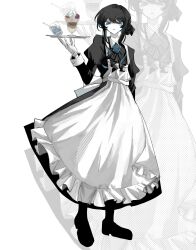 Rule 34 | 1girl, absurdres, ado (utaite), alternate costume, apron, black bow, black bowtie, black dress, black footwear, black hair, blue eyes, blue flower, blue hair, blue rose, bow, bowtie, chando (ado), cloud nine inc, colored inner hair, cup, dress, enmaided, flower, flower brooch, full body, gloves, highres, holding, holding tray, juliet sleeves, long sleeves, looking at viewer, maid, mole, mole under eye, multicolored hair, parfait, parted lips, phossscinnn, puffy sleeves, rose, sidelocks, solo, standing, tray, two-tone hair, utaite, white apron, white gloves, zoom layer