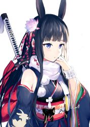 Rule 34 | 1girl, animal ears, black bow, black hair, blue kimono, blush, bow, closed mouth, commentary, flower, hair flower, hair ornament, hand up, highres, japanese clothes, katana, kimono, long hair, long sleeves, looking away, nanotaro, obi, original, pink flower, purple eyes, rabbit ears, red bow, sash, scabbard, scarf, sheath, sheathed, simple background, solo, sword, symbol-only commentary, very long hair, weapon, white background, white scarf, wide sleeves, wrist cuffs