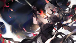 Rule 34 | 1girl, arknights, ascot, black cape, black dress, black gloves, black hat, cape, chinese commentary, commentary request, dress, gladiia (arknights), gloves, grey hair, hat, highres, impaled, long hair, narakuuu, pants, pointy ears, polearm, red eyes, solo, spear, tearing up, upper body, weapon, white ascot, white pants