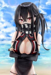 Rule 34 | 1girl, absurdres, arm strap, azur lane, bandana, bandana over mouth, bare shoulders, beach, black bandana, black gloves, black hair, black one-piece swimsuit, black panties, black thighhighs, blue sky, blush, breasts, cleavage, cleavage cutout, clothing cutout, cloud, covered mouth, cross, cross earrings, crossed arms, crossed bangs, day, earrings, elbow gloves, eyes visible through hair, front zipper swimsuit, gloves, hair between eyes, hair ornament, head tilt, headgear, heart, heart-shaped pupils, highres, iron cross, jewelry, large breasts, leotard, long hair, looking at viewer, meme attire, multicolored hair, no bra, ocean, one-piece swimsuit, one side up, panties, red eyes, ru zhai, sand, scarf, sidelocks, skindentation, sky, solo, streaked hair, swimsuit, symbol-shaped pupils, thighhighs, thighs, u-47 (azur lane), underwear, unzipped, white hair