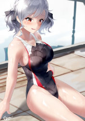 Rule 34 | 1girl, artist name, black ribbon, black one-piece swimsuit, breasts, commentary request, competition swimsuit, cowboy shot, girls&#039; frontline, hair ribbon, highleg, highleg swimsuit, highres, large breasts, looking at viewer, one-piece swimsuit, red eyes, ribbon, shirosaba, short hair, silver hair, sitting, solo, spas-12 (girls&#039; frontline), swimsuit, wavy hair, wet, wet clothes, wet swimsuit
