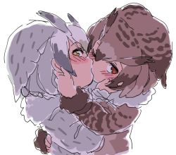 Rule 34 | 10s, 2girls, blush, commentary request, eurasian eagle owl (kemono friends), feathers, fur collar, kemono friends, kiss, looking at viewer, mitsumoto jouji, multiple girls, northern white-faced owl (kemono friends), yuri