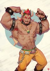 Rule 34 | 1boy, abs, absolum art, absurdres, armband, armpit hair, armpits, bara, bare pectorals, belt, black nails, bowser, bracelet, covered abs, feet out of frame, flexing, highres, jewelry, king koopa, large pectorals, lying, male focus, mario (series), muscular, nail polish, navel, navel hair, necklace, nintendo, nipples, on back, pants, pectorals, short hair, solo, spiked bracelet, spikes, the super mario bros. super show!, thick thighs, thighs, topless male, yellow pants
