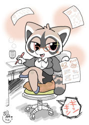 Rule 34 | 1girl, breasts, brown eyes, female focus, full body, furry, furry female, glasses, indoors, oda takashi, open mouth, panties, paper, pencil, raccoon, skirt, solo, underwear, white background, writing