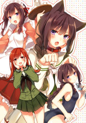 Rule 34 | 10s, 2girls, :d, alternate costume, animal ears, apron, black hair, blunt bangs, bottle, braid, cat ears, collar, drooling, hands on own cheeks, hands on own face, kantai collection, kitakami (kancolle), long hair, looking at viewer, maid, maid apron, maid headdress, multiple girls, neckerchief, one-piece swimsuit, ooi (kancolle), open mouth, personification, pleated skirt, purple eyes, red eyes, red hair, school swimsuit, school uniform, serafuku, skirt, smile, swimsuit, toosaka asagi, tray, wa maid, water bottle