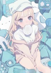 Rule 34 | 1girl, animal ears, bags under eyes, baozi, beads, between legs, blonde hair, blue eyes, candy, cat ears, cube, fake animal ears, feet out of frame, food, food in mouth, fork, from above, hair behind ear, hand between legs, hat, hat with ears, heart, highres, jacket, lollipop, long sleeves, looking at viewer, looking up, macaron, mouth hold, off shoulder, original, oversized food, oversized object, paw print, print shirt, shirt, sitting, solo, star (symbol), stuffed toy, t-shirt, tokiwata soul, transparent, wavy hair, white hat, white shirt