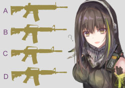 Rule 34 | 1girl, ?, absurdres, bandana, bare shoulders, brown eyes, brown hair, colt commando, girls&#039; frontline, green hair, grey background, gun, headset, highres, long hair, m4a1 (girls&#039; frontline), martinreaction, multicolored hair, open mouth, quiz, ribbed sweater, rifle, simple background, sleeveless, sleeveless sweater, solo, streaked hair, sweater, two-tone hair, weapon