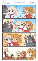 Rule 34 | &gt; &lt;, 4koma, 5girls, = =, aquila (kancolle), bismarck (kancolle), blonde hair, blush, brown hair, capelet, comic, commentary request, closed eyes, graf zeppelin (kancolle), highres, holding hands, hug, kantai collection, littorio (kancolle), long hair, megahiyo, military, military uniform, multiple girls, one eye closed, ponytail, prinz eugen (kancolle), sick, silent comic, sneezing, snot, speech bubble, sweatdrop, tissue, tissue box, twitter username, uniform, wavy hair, aged down