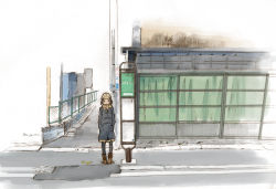 Rule 34 | 1girl, bus stop, coat, commentary, dated, hands in pockets, hat, kusakabe (kusakabeworks), original, pantyhose, real world location, road, scarf, solo, standing, street, toggles, utility pole, vanishing point