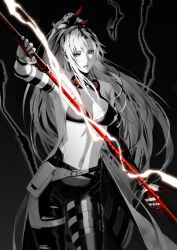 Rule 34 | 1girl, alpha (punishing: gray raven), bra, breasts, eyewear around neck, greyscale, hair ribbon, highres, holding, holding sword, holding weapon, katana, lightning, long hair, lucia: crimson abyss (punishing: gray raven), lucia: crimson weave (punishing: gray raven), mechanical arms, midriff, monochrome, navel, ponytail, punishing: gray raven, ribbon, small breasts, solo, spot color, sword, underwear, weapon, yoshi (j contrast)