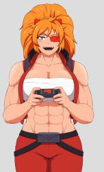 Rule 34 | 1girl, bandages, blue eyes, controller, eyepatch, happy, highres, muscular, muscular female, nightingery, open mouth, orange hair, pants, red pants, white background, zess (zesty jesus)
