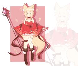 Rule 34 | 1girl, animal ears, bare shoulders, black footwear, blonde hair, blush, boots, breasts, character request, cleavage, closed mouth, collarbone, copyright request, eyebrows, fox ears, fox tail, full body, garter straps, green eyes, highres, holding, holding staff, knee boots, looking at viewer, medium breasts, mole, mole under eye, short hair, smile, solo, staff, tail, thighhighs, tongue, tongue out, white thighhighs, youga