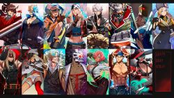 Rule 34 | 5girls, 6+boys, absurdres, arc system works, black hair, blonde hair, blue eyes, breasts, cleavage, giovanna (guilty gear), guilty gear, guilty gear strive, hat, highres, i-no, ky kiske, large breasts, long hair, looking at viewer, may (guilty gear), midriff, millia rage, multiple boys, multiple girls, navel, ramlethal valentine, red hair, smile, sol badguy, witch hat