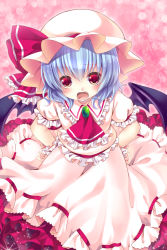 Rule 34 | 1girl, ascot, bat wings, blue hair, blush, fang, fangs, female focus, frills, gathers, hands on own hips, hat, highres, irori, open mouth, puffy sleeves, red eyes, remilia scarlet, ribbon, short hair, skirt, solo, sparkle, touhou, wings, wrist cuffs