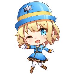 Rule 34 | 1girl, aria (vivid army), blonde hair, blue eyes, blue hat, blue skirt, boots, brown footwear, chibi, chibi only, dot nose, full body, gloves, hair between eyes, hat, long sleeves, military, military uniform, official art, one eye closed, short hair, simple background, skirt, smile, solo, standing, thighhighs, thumbs up, transparent background, uniform, vivid army, white gloves, white thighhighs, zettai ryouiki