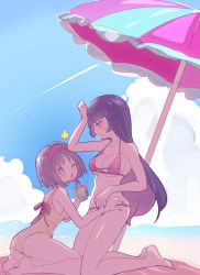 Rule 34 | 2girls, alternate costume, arm up, barefoot, beach, beach umbrella, bikini, black hair, blue sky, blush, bottle, breasts, chorimokki, cleavage, cloud, creatures (company), day, erika (pokemon), eye contact, female focus, full body, game freak, gym leader, hairband, half-closed eyes, hand up, hands up, highres, holding, kneeling, large breasts, long hair, looking at another, looking down, looking up, lotion bottle, medium breasts, multiple girls, nintendo, ocean, one-piece swimsuit, one eye closed, orange eyes, outdoors, poke ball symbol, pokemon, pokemon rgby, purple hair, red bikini, red eyes, red hairband, sabrina (pokemon), short hair, sky, star (symbol), sweat, swimsuit, tears, towel, umbrella, underboob, very long hair, water, wince, yellow one-piece swimsuit