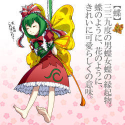 Rule 34 | 1girl, arms behind back, barefoot, bound, butterfly wings, closed eyes, dress, female focus, front ponytail, green hair, hair ribbon, insect wings, kagiyama hina, long hair, ribbon, smile, solo, tied up (nonsexual), tokiwa (mukoku), touhou, translation request, wings