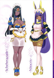 Rule 34 | 2girls, absurdres, alternate costume, apron, black hair, blue eyes, bow, bracelet, breasts, bridal gauntlets, character name, cleavage, closed mouth, dark-skinned female, dark skin, detached collar, dress, earrings, enmaided, facial mark, fate/grand order, fate (series), fingernails, frills, full body, green eyes, hands on own hips, high heels, highres, hoop earrings, jewelry, large breasts, lips, long hair, long sleeves, looking at viewer, maid, maid headdress, makeup, medium breasts, miniskirt, multiple girls, nail polish, nitocris (fate), own hands together, parted bangs, pencil skirt, platform footwear, ponytail, puffy short sleeves, puffy sleeves, purple hair, red bow, sandals, scan, scheherazade (fate), shiny skin, short dress, short sleeves, sidelocks, simple background, skindentation, skirt, smile, standing, thigh strap, thighhighs, toeless footwear, toes, waist apron, white background, white legwear, white skirt, yd (orange maru), yellow nails, zettai ryouiki