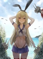 Rule 34 | 1girl, animal, animal ears, armpits, arms behind head, bare shoulders, bird, blonde hair, blouse, blue skirt, breasts, chan1moon, collarbone, commentary request, cowboy shot, day, elbow gloves, gloves, hair between eyes, hair ornament, hairband, highres, kantai collection, long hair, looking at viewer, miniskirt, navel, ocean, outdoors, pleated skirt, rabbit ears, shimakaze (kancolle), shirt, skirt, sleeveless, sleeveless shirt, small breasts, solo, standing, stomach, thighhighs, white gloves, white shirt