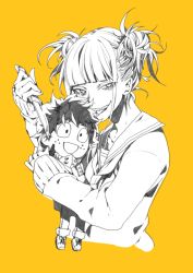Rule 34 | 10s, 1girl, boku no hero academia, cropped torso, double bun, freckles, greyscale, greyscale with colored background, hair bun, half-closed eyes, jin amber, knife, long sleeves, looking at viewer, midoriya izuku, monochrome, school uniform, simple background, sketch, smile, solo, stuffed toy, teeth, toga himiko, tongue, tongue out, yellow background