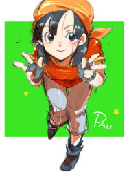 Rule 34 | 1girl, black eyes, black hair, boots, character name, denim, dragon ball, fingerless gloves, gloves, green background, happy, head scarf, jeans, looking at viewer, ochanoko (get9-sac), pan (dragon ball), pants, red shirt, shirt, short hair, simple background, smile, solo, solo focus, star (symbol), v, white background